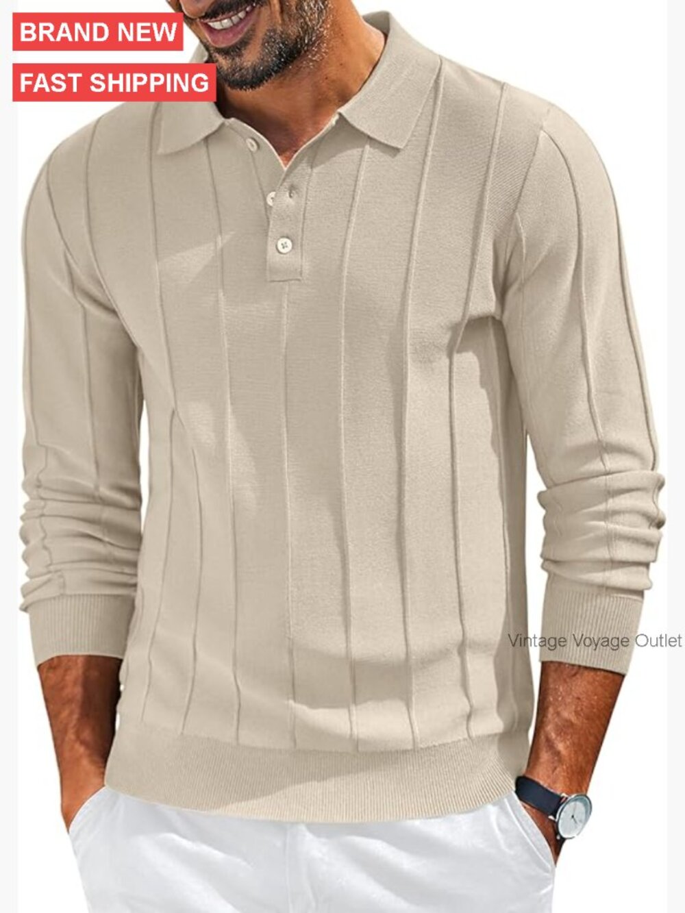 Men's Long Sleeve Ribbed Polo Sweater Business Casual Golf Activewear